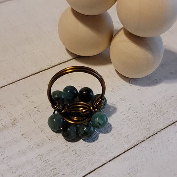Handmade Copper Wire Wrapped Ring with Green Stone Beads Boho Adjustable - Picture 3 of 4